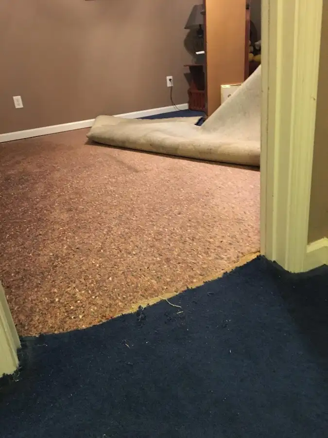 Carpet pad removal revealing water damage during Water Mitigation Services in Wade Hampton
